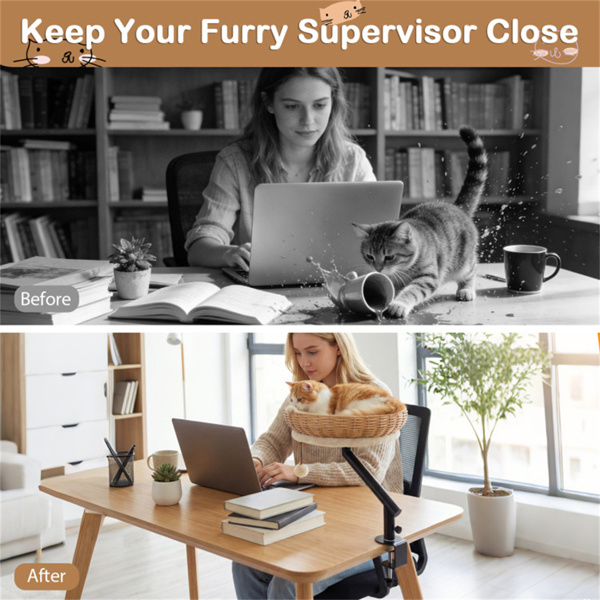 360°可旋转台式猫床垫，2合1工作空间猫静修，带叮当球（自然+黑+白）-9