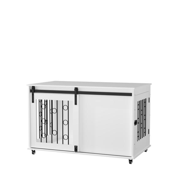 39.37英寸现代木制狗笼家具，带滑动谷仓门和侧门，室内狗窝边桌，适用于小型至中型犬，装饰性宠物笼，带金属栏杆和可锁定轮子 – 白色-7