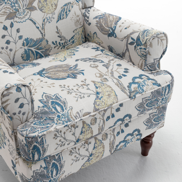 现代风格休闲椅，搭配复古木质椅腿，舒适软垫扶手椅，花卉图案单人沙发椅，适合客厅、卧室、办公室使用 - 花卉蓝色-24