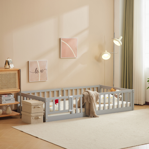 灰色 油漆面 松木 围栏床 带门 带铺板 Twin 儿童木床-5