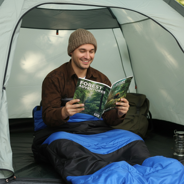 黑底蓝色箭头 睡袋 涤丝布防水面布 春亚纺透气灰里布 中空棉 210*85cm 戴帽加热款 1500g 三档调温 带收纳袋 温度范围-10-10℃-3