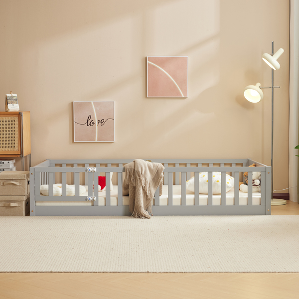 灰色 油漆面 松木 围栏床 带门 带铺板 Twin 儿童木床-19