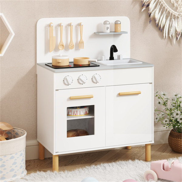 白色儿童互动木制厨房玩具，具有逼真的灯光和声音-1