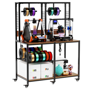 双层3D打印机支架，带耗材收纳功能，重型金属框架双3D打印机工作台，T型耗材支架，带锁定功能的万向轮，适用于家庭和工作室的移动或固定式打印机架