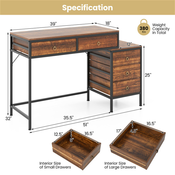 家庭办公室双桌面办公桌，带5个储物抽屉，粉末涂层金属框架工程木 棕色-4