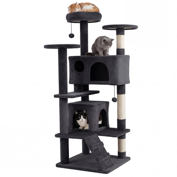 52英寸高的猫树塔，带门廊和公寓，多猫游乐场，带划痕柱（深灰色）-2
