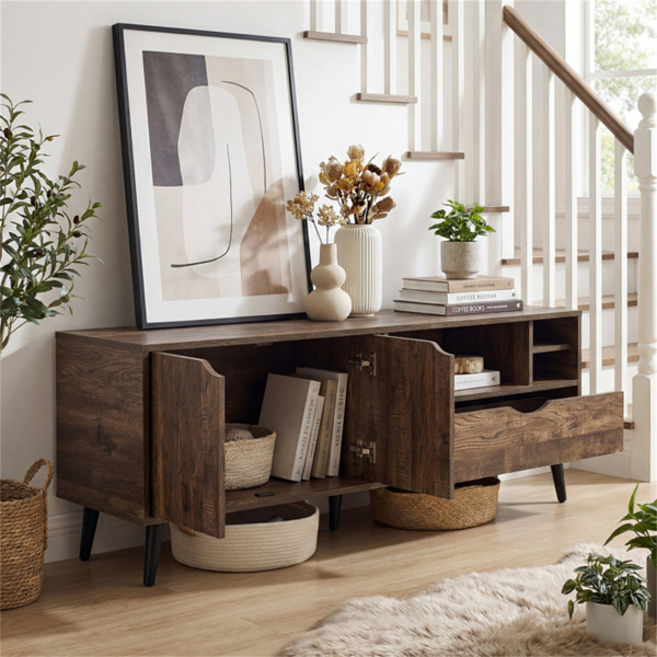 59英寸乡村电视架，适用于65英寸电视、带橱柜的媒体控制台、抽屉和3个开架-7