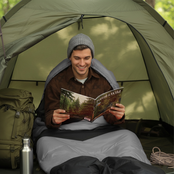 灰底黑色箭头 睡袋 涤丝布防水面布 春亚纺透气灰里布 中空棉 210*85cm 戴帽加热款 1500g 三档调温 带收纳袋 温度范围-10-10℃-3