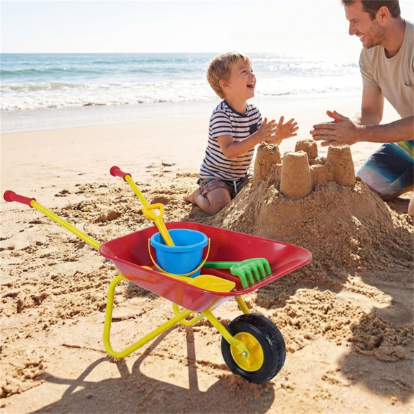 儿童花园游戏车金属独轮车，防滑把手，无划痕边缘，适合后院海滩使用 31" x 18" x 14"-8