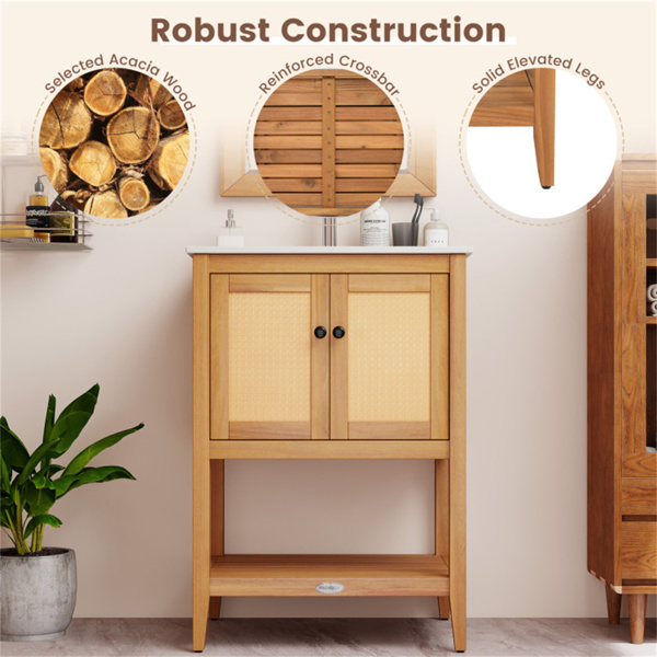 双门藤条浴室梳妆台，相思木橱柜，带陶瓷水槽（白色+天然）-7