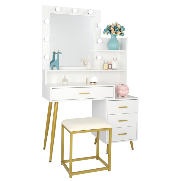 白色 刨花板 铁脚 四抽 三层架 梳妆桌套装 三色调光 N001-17