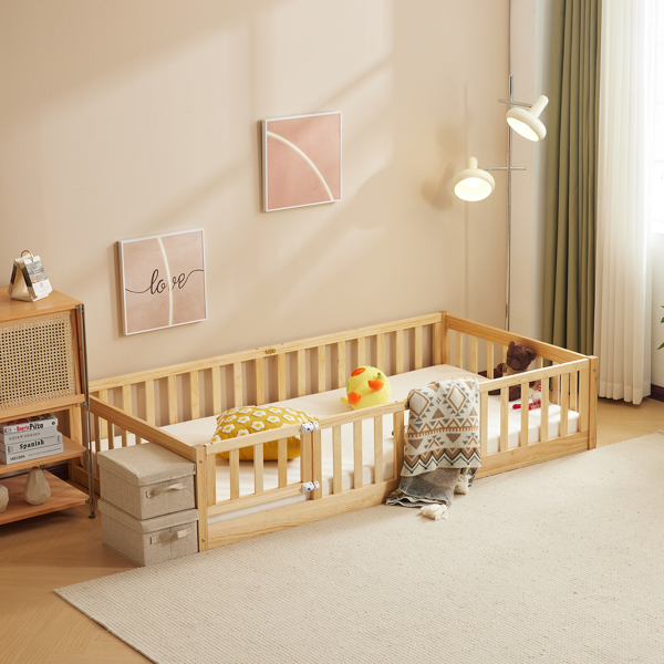 原木色 油漆面 松木 围栏床 带门 带铺板 Twin 儿童木床-17