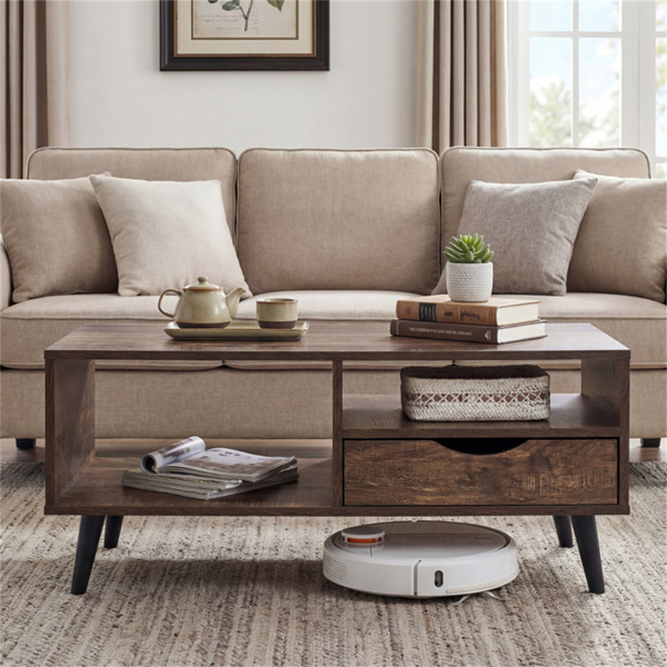 36.5英寸乡村咖啡桌，带抽屉和开架，客厅用工程木中央桌 胡桃色-7