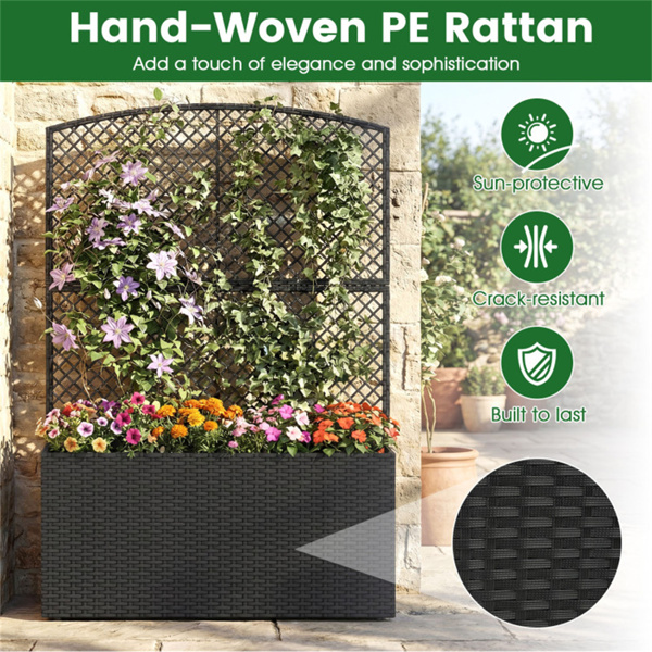 58英寸黑色PE藤条高架花园床，带格栅可调节脚垫，室外花盆箱-7