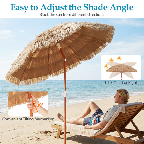 6英尺茅草提基露台伞（2件套），带按钮倾斜的热带户外伞（自然）-6