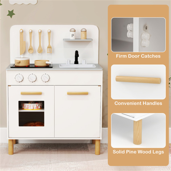 白色儿童互动木制厨房玩具，具有逼真的灯光和声音-8