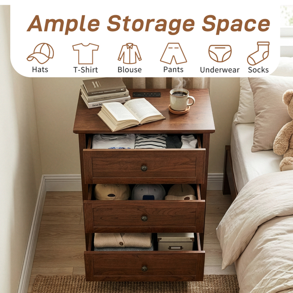 棕色（1061实木樱桃） P2 密度板+刨花板 贴三胺 拼框 60*40*70cm 三抽 床头柜 1USB+1TYPE-C+2三插 美规-5