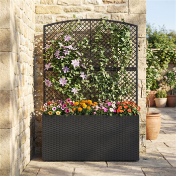 58英寸黑色PE藤条高架花园床，带格栅可调节脚垫，室外花盆箱