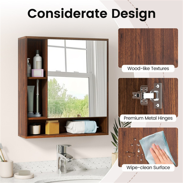 二合一镜面浴室壁柜，带隐藏式储物和架子的节省空间的药柜 - 胡桃色-10