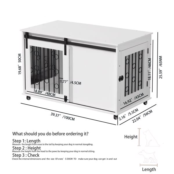 39.37英寸现代木制狗笼家具，带滑动谷仓门和侧门，室内狗窝边桌，适用于小型至中型犬，装饰性宠物笼，带金属栏杆和可锁定轮子 – 白色-12