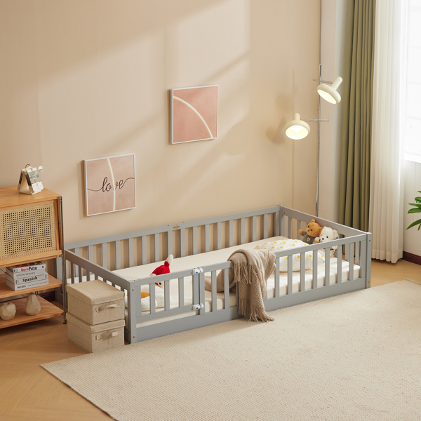 灰色 油漆面 松木 围栏床 带门 带铺板 Twin 儿童木床-9