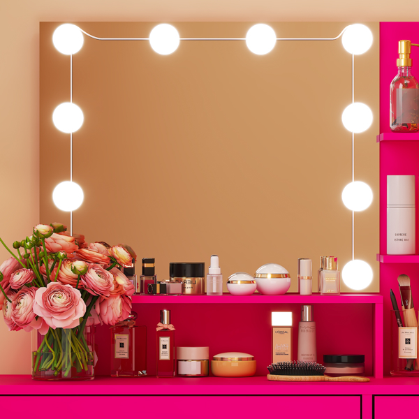 芭比粉 密度板 贴三胺 1抽1门 梳妆桌套装 三色调光灯泡-5