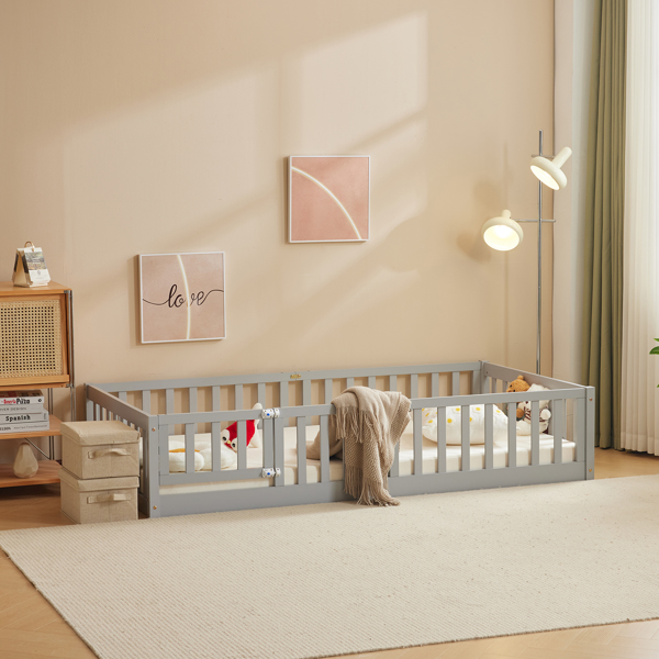 灰色 油漆面 松木 围栏床 带门 带铺板 Twin 儿童木床-6