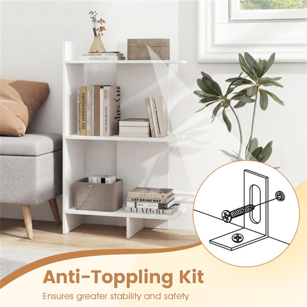 白色三层木制书架，每架66磅工程板防倾倒套件-10