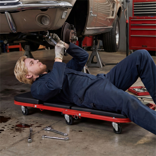 2合1折叠机械爬行凳，6个通用脚轮软垫座椅，适用于车库车间-7