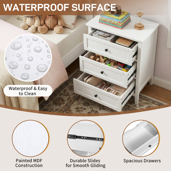 白色浮雕（SG014FD ） P2 密度板+刨花板 贴三胺 拼框 60*40*70cm 三抽 床头柜 1USB+1TYPE-C+2三插 美规-3