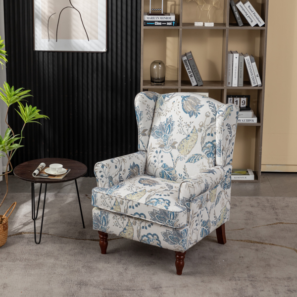 现代风格休闲椅，搭配复古木质椅腿，舒适软垫扶手椅，花卉图案单人沙发椅，适合客厅、卧室、办公室使用 - 花卉蓝色-11