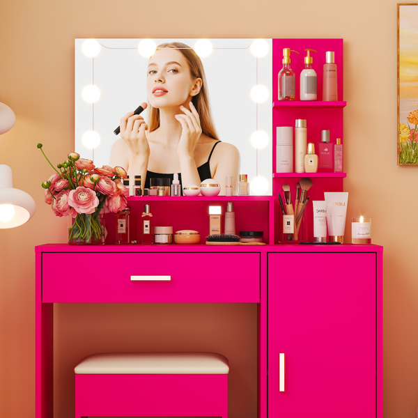 芭比粉 密度板 贴三胺 1抽1门 梳妆桌套装 三色调光灯泡-3