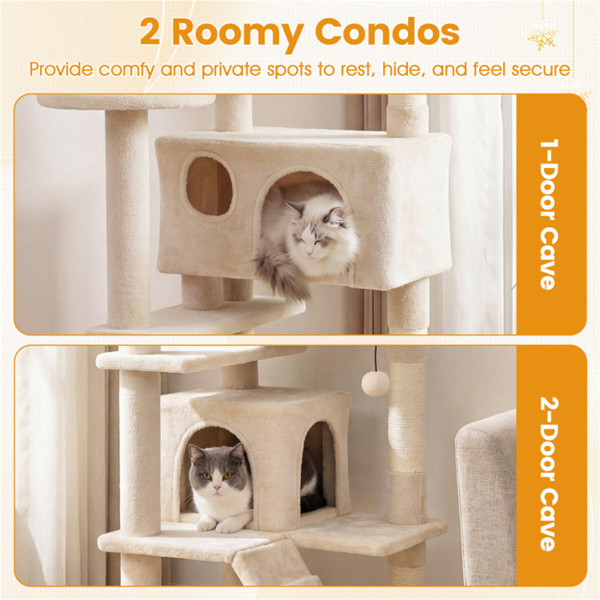 52英寸高的猫树塔，带门廊和公寓，多猫游乐场，带划痕柱（米色）-8