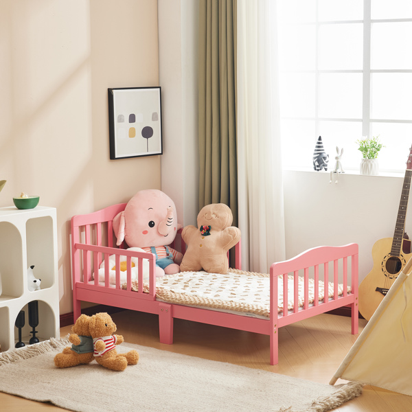 粉色 油漆面 松木 竖板带两侧护栏 Toddler 135*75*62.5cm 儿童木床 单层床 儿童-5