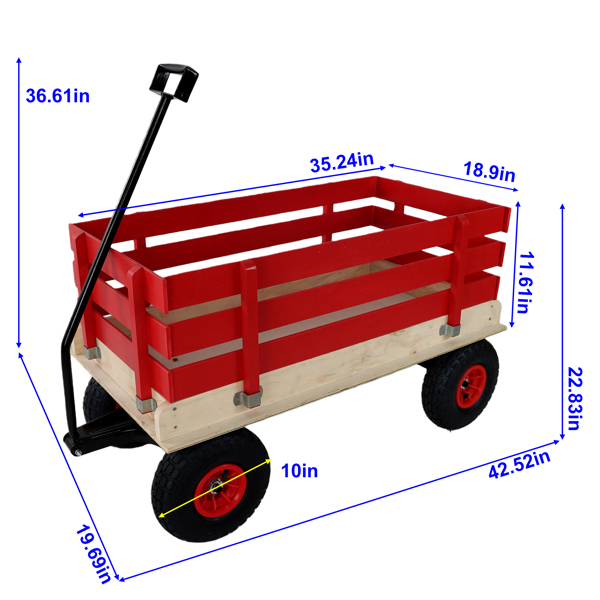 红色木制手推车，带折叠把手，重型全地形儿童手推车，适用于户外、花园、露营和海滩 - 经典拉式多功能手推车--不支持self-pick up且不支持指定仓库发货-2