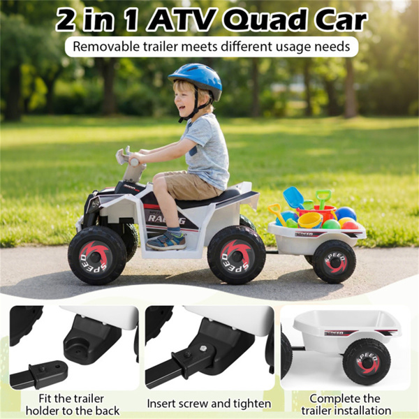 二合一儿童乘坐带可拆卸拖车的ATV，适用于3岁幼儿的6V电动四轮车+ 白色-10