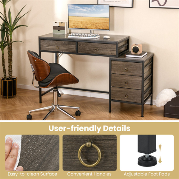 家庭办公室双桌面办公桌，带5个储物抽屉，粉末涂层金属框架工程木 灰色-8