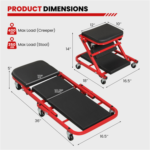 2合1折叠机械爬行凳，6个通用脚轮软垫座椅，适用于车库车间-6