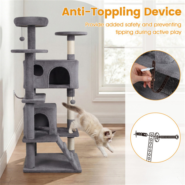 52英寸高的猫树塔，带门廊和公寓，多猫游乐场，带划痕柱(浅灰色）-6