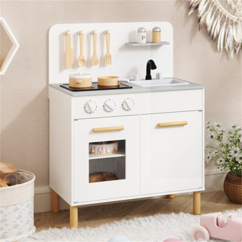 白色儿童互动木制厨房玩具，具有逼真的灯光和声音