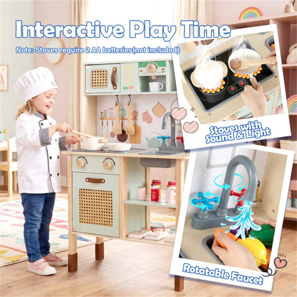 绿色木制儿童游戏厨房，互动式光/声炉，带微波炉/烤箱/黑板存储选项-8