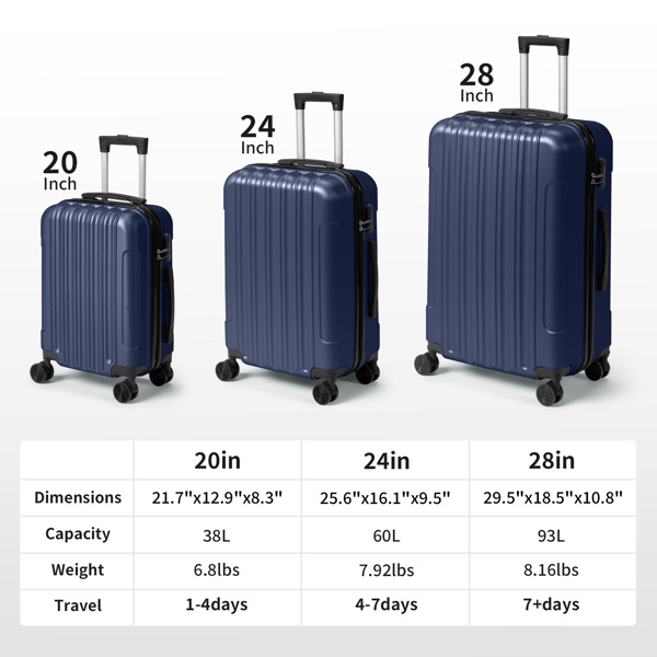 三合一竖纹磨砂箱壳非TSA海关锁28寸拆卸轮 ABS拉杆箱 20in 24in 28in ABS 全配色藏青色-19