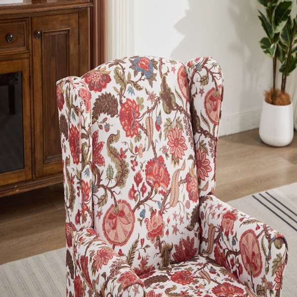 现代风格休闲椅，搭配复古木质椅腿，舒适软垫扶手椅，花卉图案单人沙发椅，适合客厅、卧室、办公室使用 - 花卉红色-5