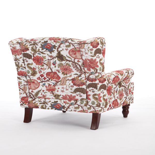 现代风格休闲椅，搭配复古木质椅腿，舒适软垫扶手椅，花卉图案单人沙发椅，适合客厅、卧室、办公室使用 - 花卉红色-15