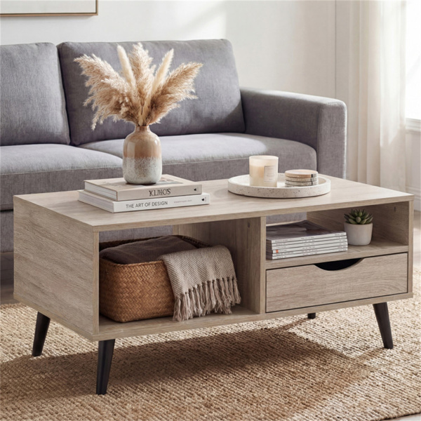 36.5英寸乡村咖啡桌，带抽屉和开架，客厅用工程木中央桌 自然色-7