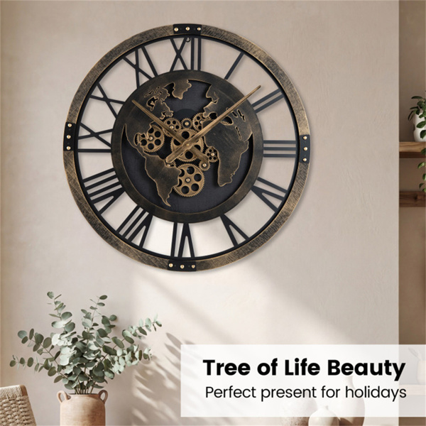 .带世界地图的棕色齿轮挂钟，27英寸大型无刻度石英机芯装饰家居时钟-8