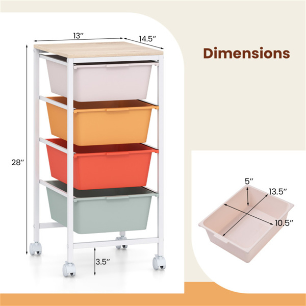 4抽屉滚动式储物车，带MDF木顶的移动式杂物箱（彩色）-3