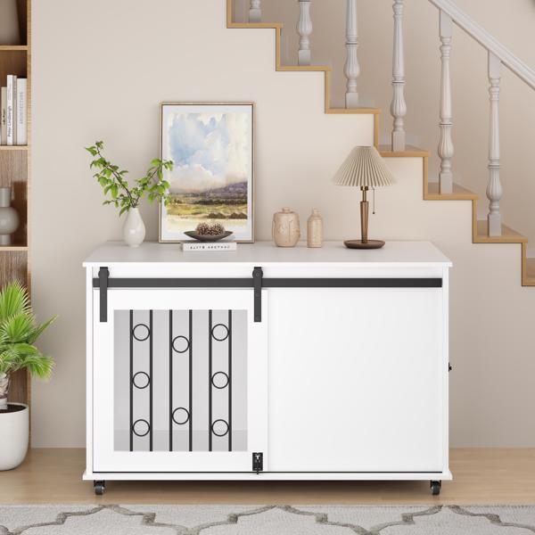 39.37英寸现代木制狗笼家具，带滑动谷仓门和侧门，室内狗窝边桌，适用于小型至中型犬，装饰性宠物笼，带金属栏杆和可锁定轮子 – 白色-24