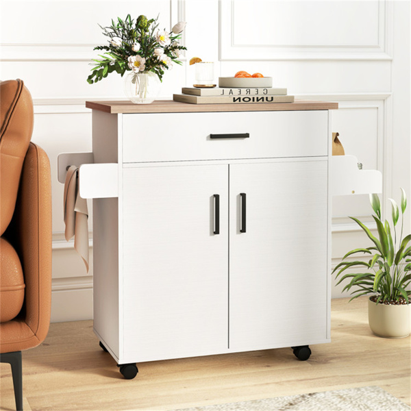 41.5英寸带储物空间的滚动厨房岛推车，带抽屉和橱柜的白色厨房推车，香料架和毛巾架-8