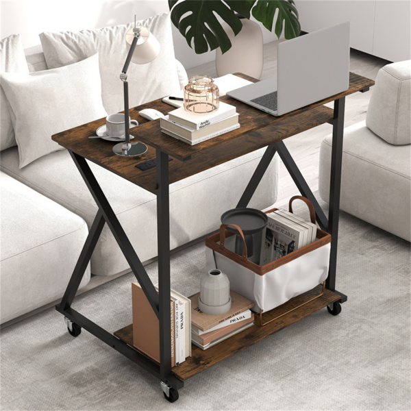 带电源板的乡村棕色滚动电脑桌32英寸带显示器支架的移动办公桌-7